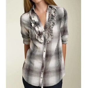 Joie Fara Tuxedo‎ Plaid Ruffle Button Up Shirt SZ S